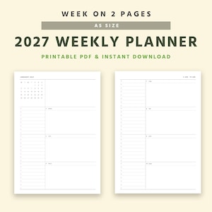May include: A two-page spread of a 2027 weekly planner in A5 size. The left page features a January 2027 calendar and daily planning sections. The right page mirrors the layout. Text includes "Week on 2 Pages" and "Printable PDF & Instant Download."