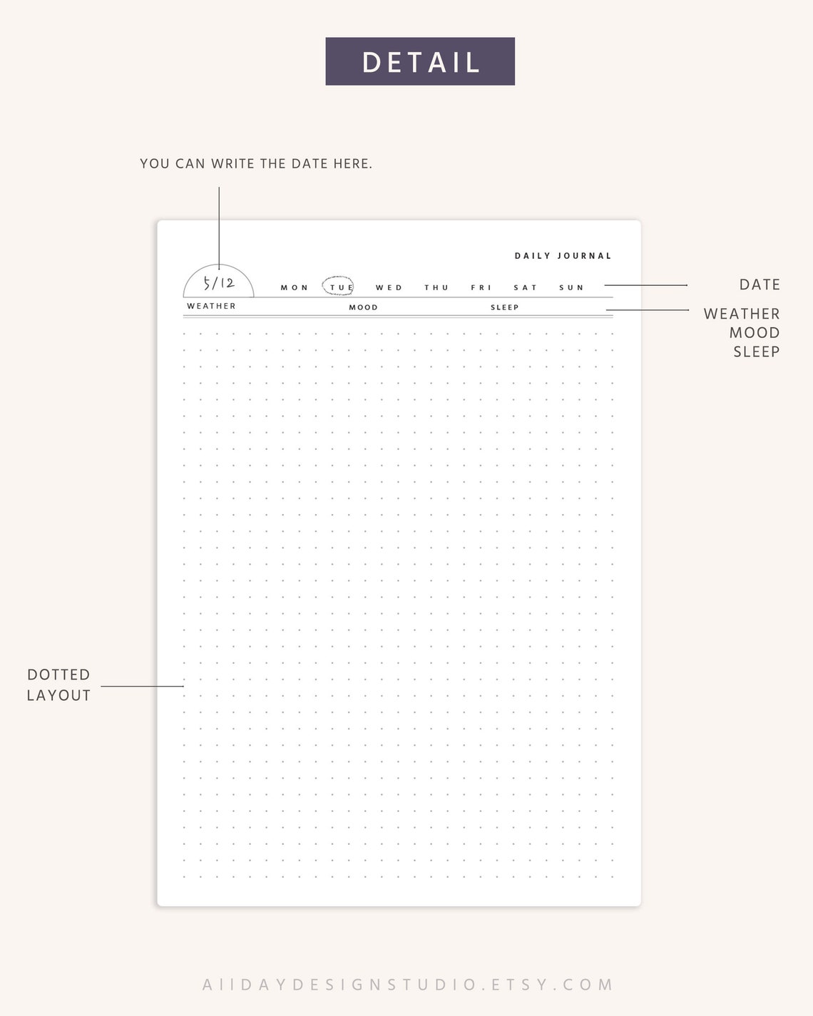 A5 Printable Daily Diary Journal, Writing Journal, Lined, Dotted ...