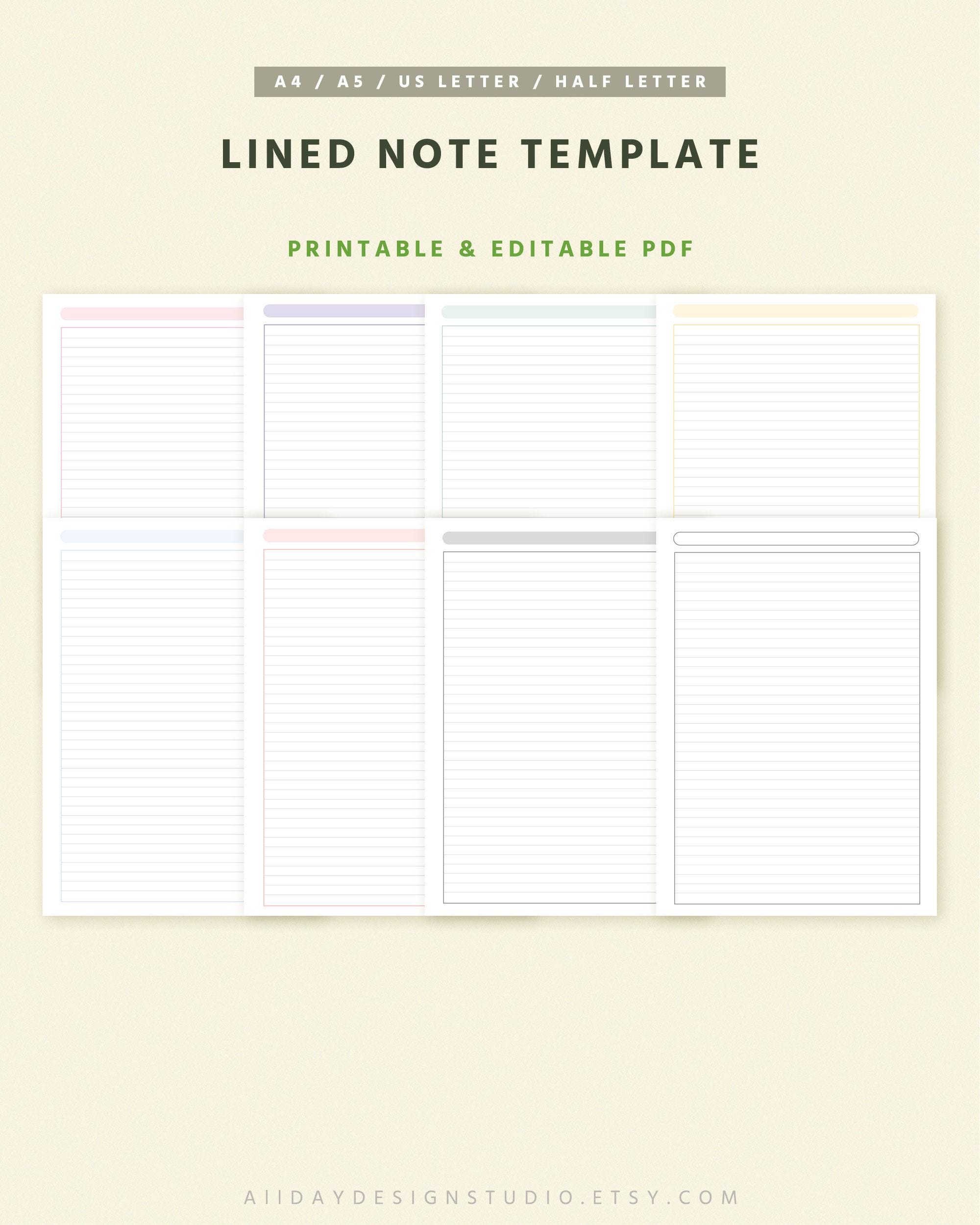 Colorful Lined Notes Printable: A4, A5, US Letter Sizes (PDF), Simple ...
