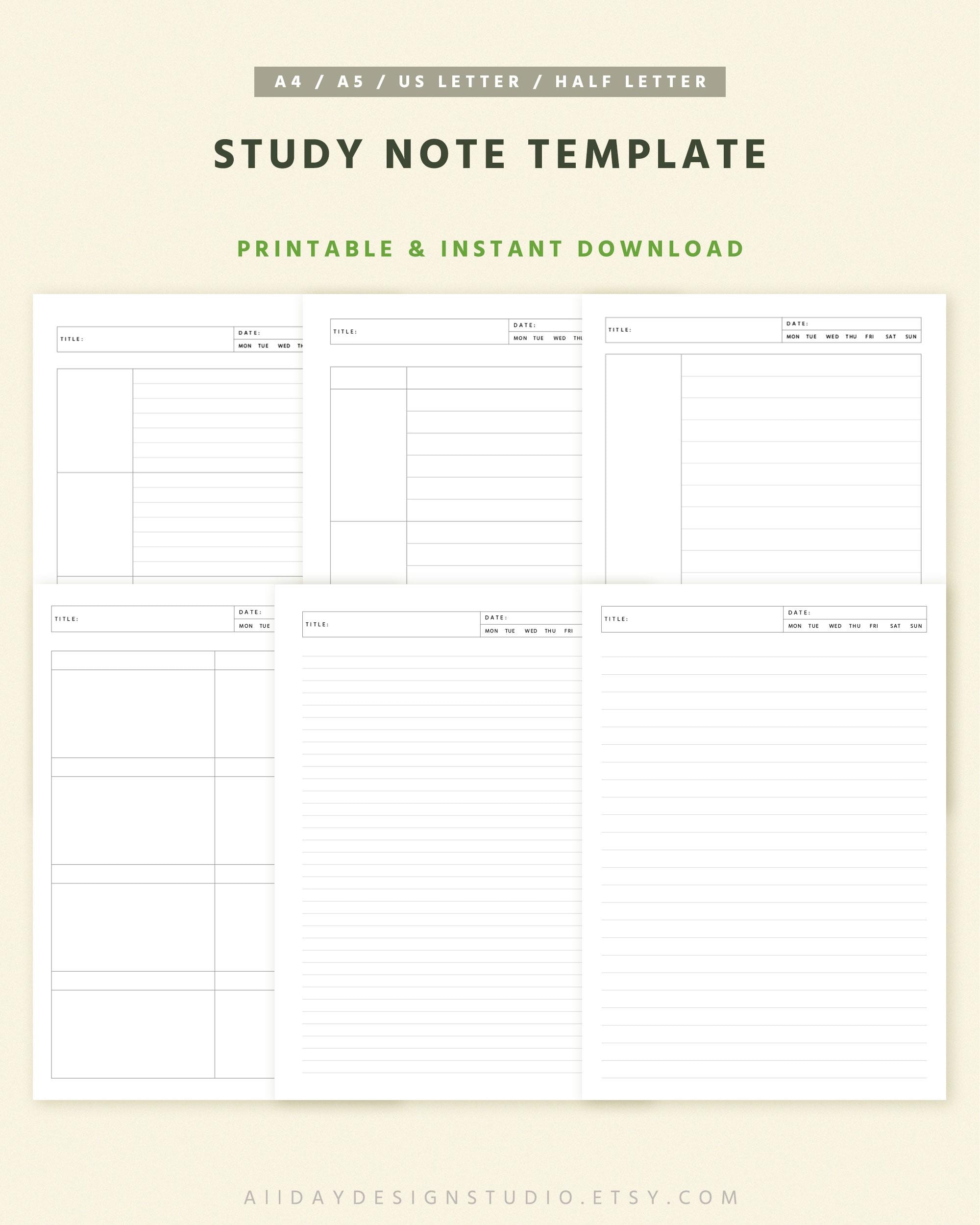 Printable Study Note Template: A4, A5, US Letter (PDF) - Etsy