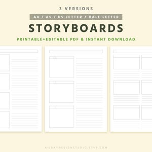Modello di storyboard in PDF con inquadrature di scena e note di continuità stampabili.