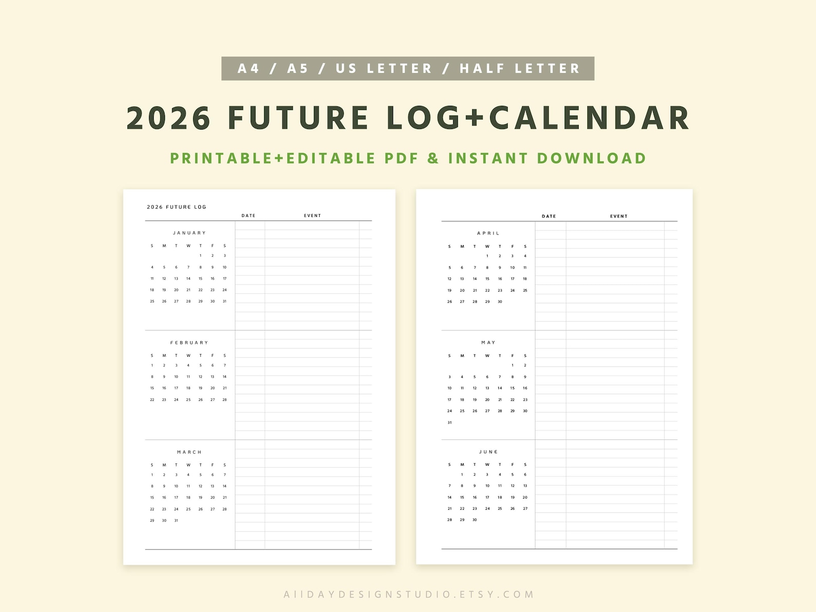 2026 Future Log Printable, Year at a Glance Planning, Minimalist Bullet ...