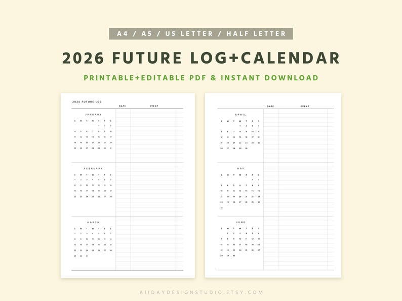 2026 Future Log Printable, Year at a Glance Planning, Minimalist Bullet ...