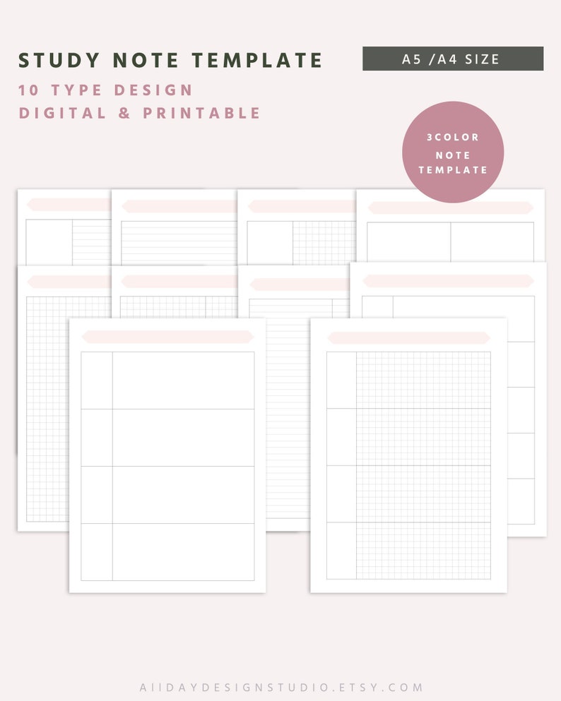 A4 Digital Study Note Template, A5 Printable Notes Set, Study Notes ...