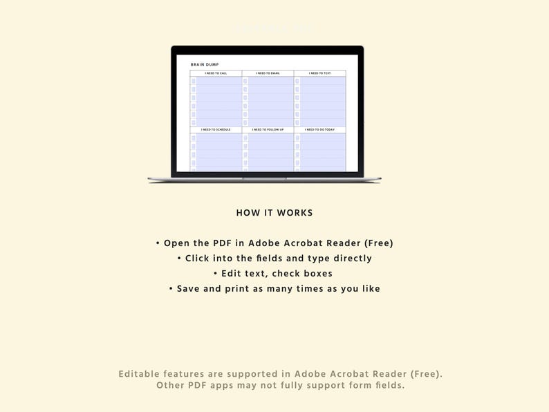 Editable ADHD Brain Dump Printable designed as an overwhelm reset planner with executive function support and daily planning sheet layout in PDF format
