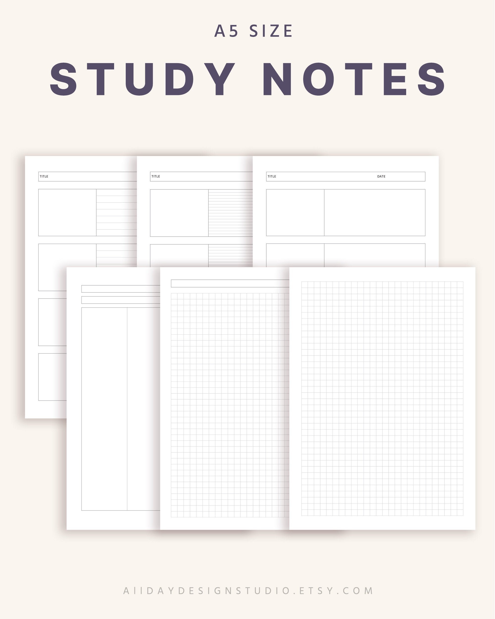 a5 printable study note study planner graph paper cornell etsy