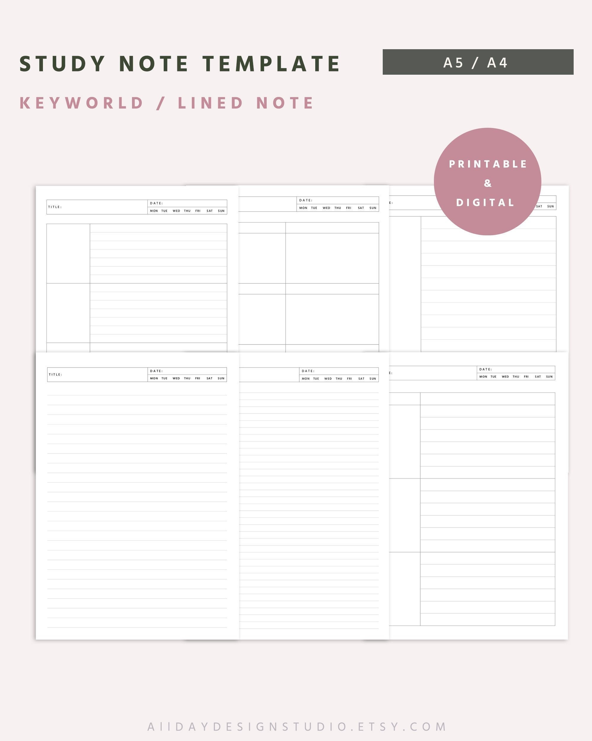 A5 Study Note Template, Study Paper Note, Lecture Note Template, A4 Printable Note Inserts, Concept Note, Lecture Notes Taking