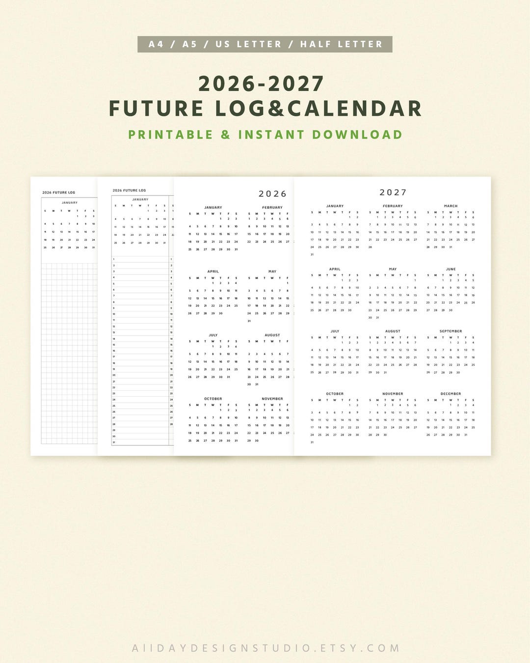 2026-2027 Future Log, Year at a Glance Calendar, Editable PDF - Etsy