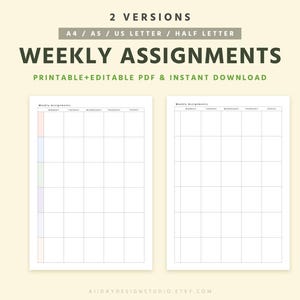Weekly Assignment Tracker, Homework Planner, Student Planner Template, Editable PDF