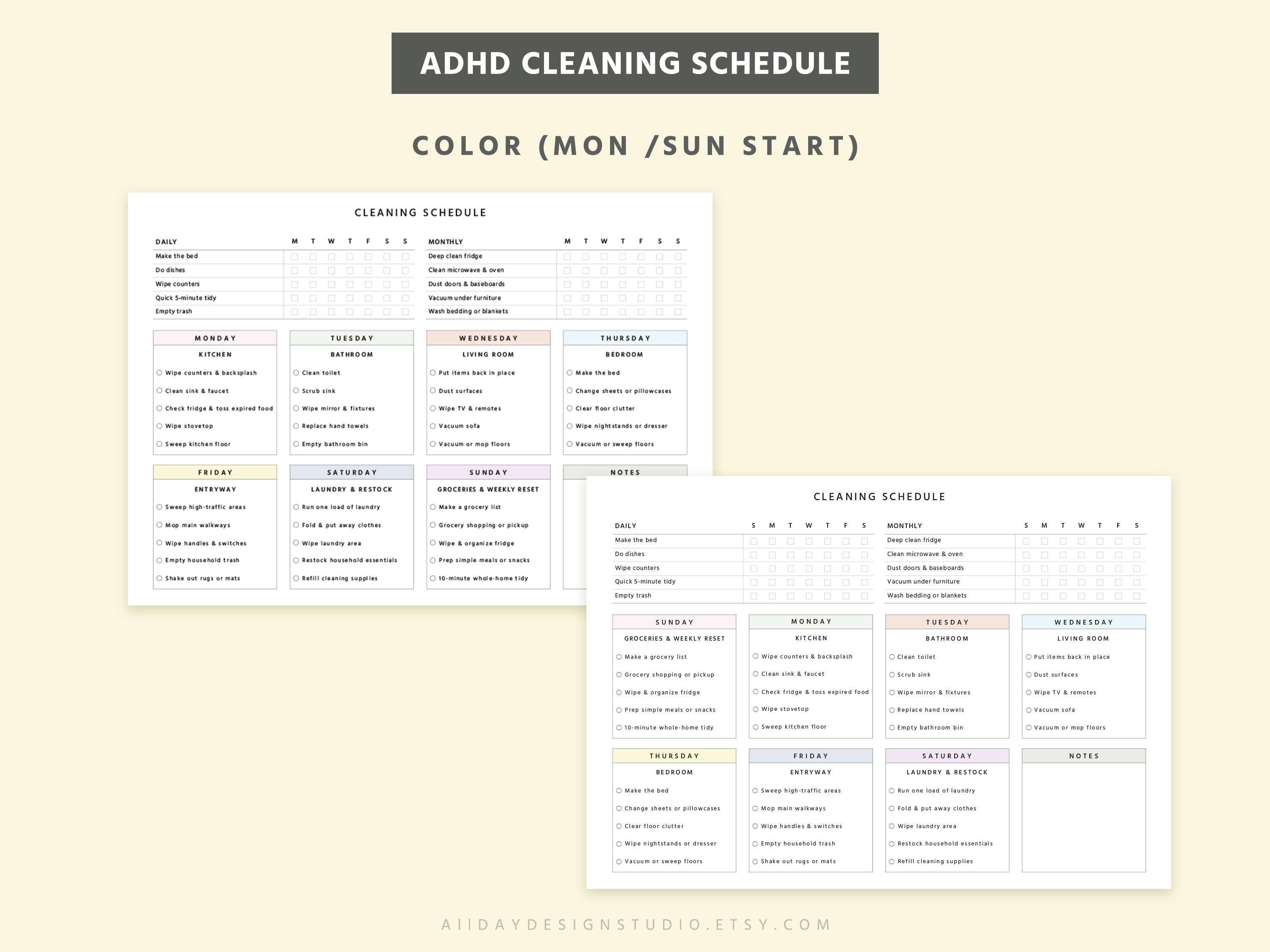 ADHD Cleaning Schedule Printable & Editable PDF, Weekly Checklist ...