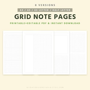 Könnte beinhalten: Ein Bild mit vier weißen karierten Notizseiten. Der Text "GRID NOTE PAGES" ist fett und dunkelgrün. Zusätzlicher Text lautet "8 VERSIONS" und "PRINTABLE+EDITABLE PDF & INSTANT DOWNLOAD". Die Seiten sind für A4, A5, US Letter und Half Letter.