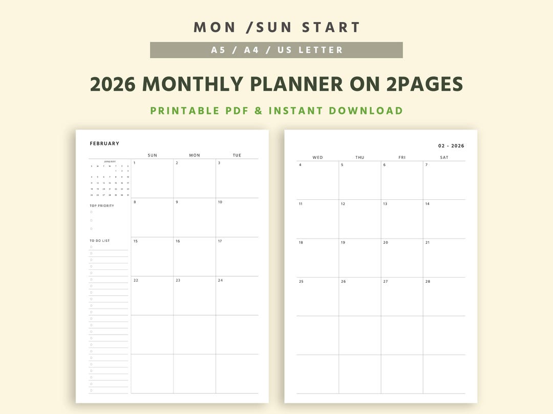 2026 Monthly Planner Printable, Month on 2 Pages, Minimal Monthly