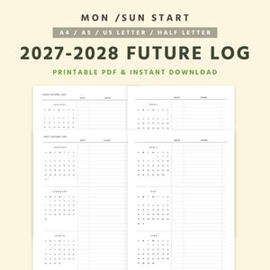 Op de afbeelding: Een afdrukbaar PDF-toekomstlogboek voor 2027-2028. Het ontwerp bevat kalenders voor elke maand met ruimte voor data en evenementen. De tekst bovenaan luidt "MON / SUN START" en "A4 / A5 / US LETTER / HALF LETTER". De titel is "2027-2028 FUTURE LOG".