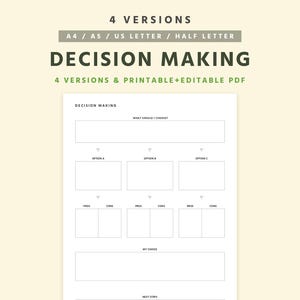 May include: A white printable decision-making template with the title "DECISION MAKING" in dark green. The template includes sections for options, pros, cons, and a final choice. The text "4 VERSIONS & PRINTABLE+EDITABLE PDF" is also included.