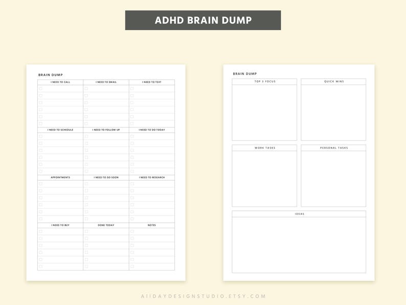 Editable ADHD Brain Dump Printable designed as an overwhelm reset planner with executive function support and daily planning sheet layout in PDF format