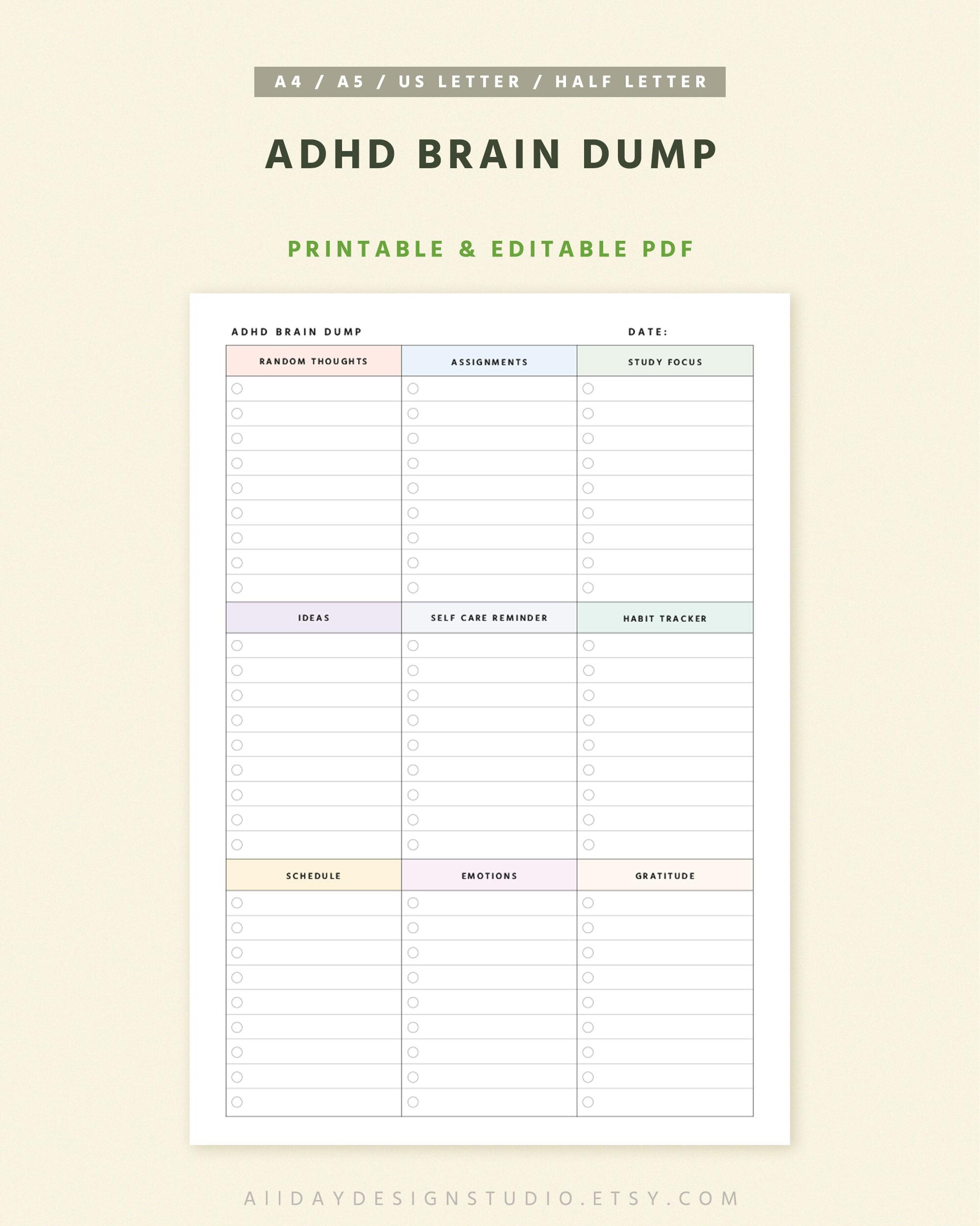 ADHD Brain Dump Worksheet | Printable Student Planner (editable PDF) - Etsy