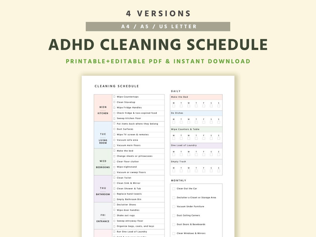 ADHD Cleaning Schedule Printable, Weekly Checklist, Daily Monthly ...