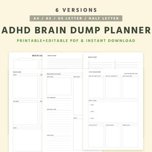 Könnte beinhalten: Ein druckbarer ADHD Brain Dump Planer mit cremefarbenem Hintergrund. Der Planer enthält Abschnitte für Brain Dumps, Fokusaufschlüsselungen und Notizen. Der Text "ADHD BRAIN DUMP PLANNER" ist dunkelgrün. Erhältlich in A4, A5, US Letter und Half Letter.
