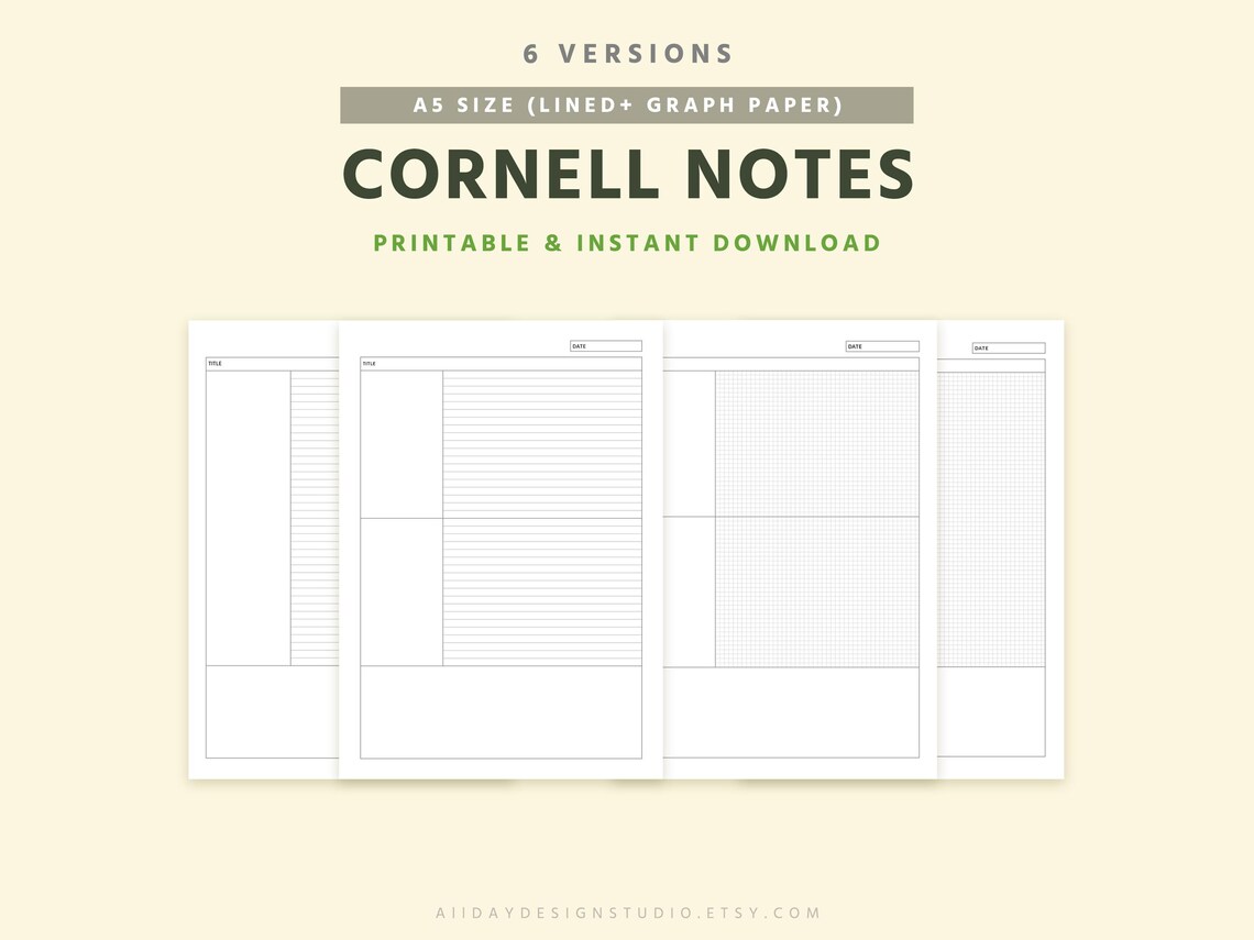 A5 Cornell Notes Template: Lined & Grid Study Notes (PDF) - Etsy