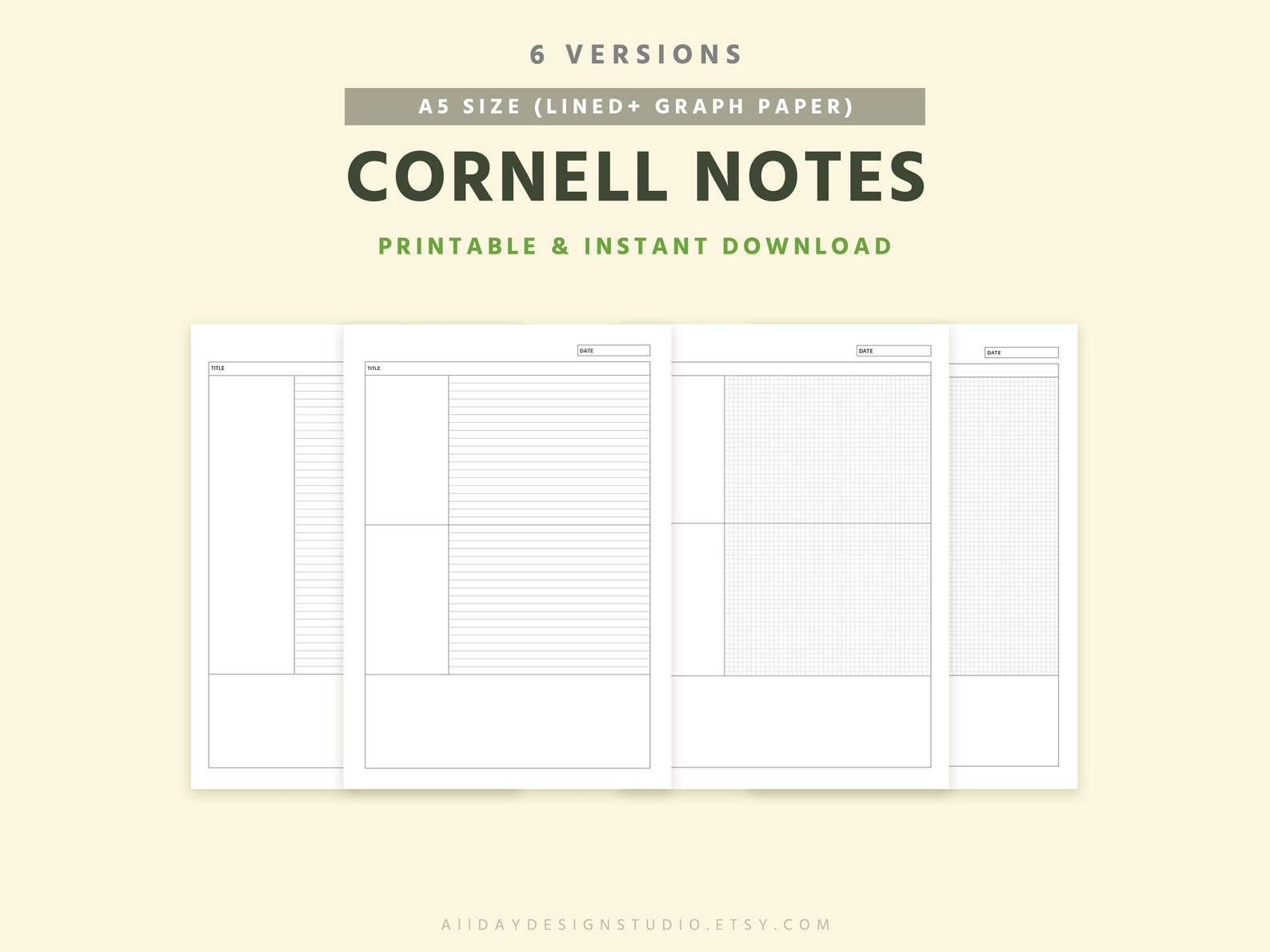 A5 Cornell Notes Template: Lined & Grid Study Notes (PDF) - Etsy