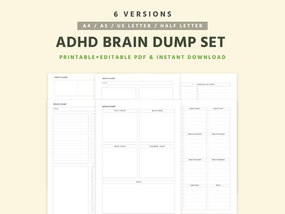 ADHD Brain Dump Printable, Overwhelm Reset Planner, Executive Function Support, Priority Matrix , Editable PDF