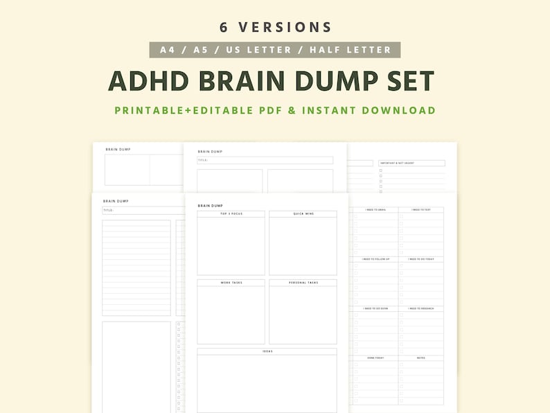 Editable ADHD Brain Dump Printable designed as an overwhelm reset planner with executive function support and daily planning sheet layout in PDF format