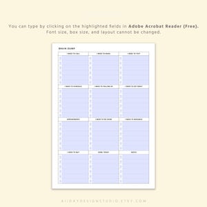 Editable ADHD Brain Dump Printable designed as an overwhelm reset planner with executive function support and daily planning sheet layout in PDF format