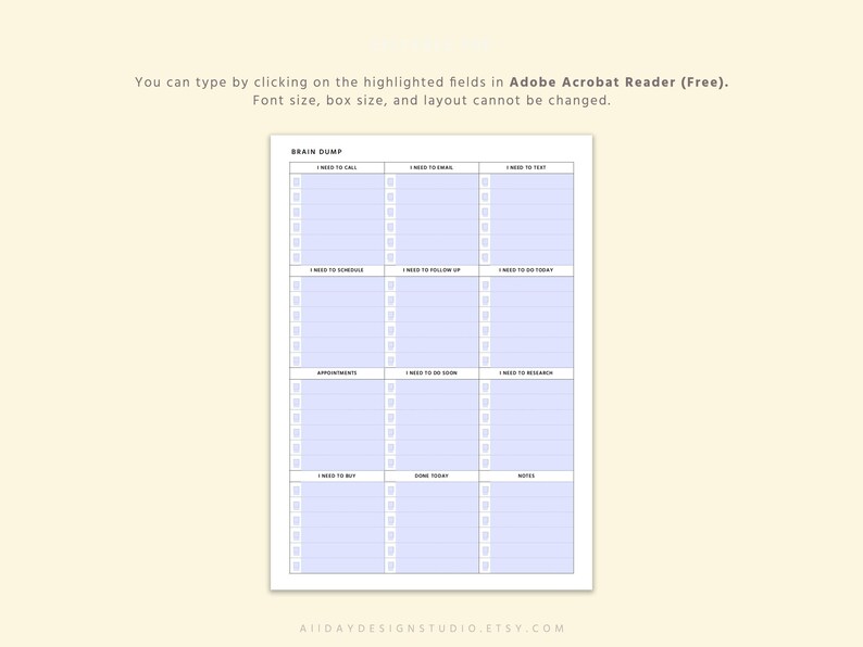 Editable ADHD Brain Dump Printable designed as an overwhelm reset planner with executive function support and daily planning sheet layout in PDF format