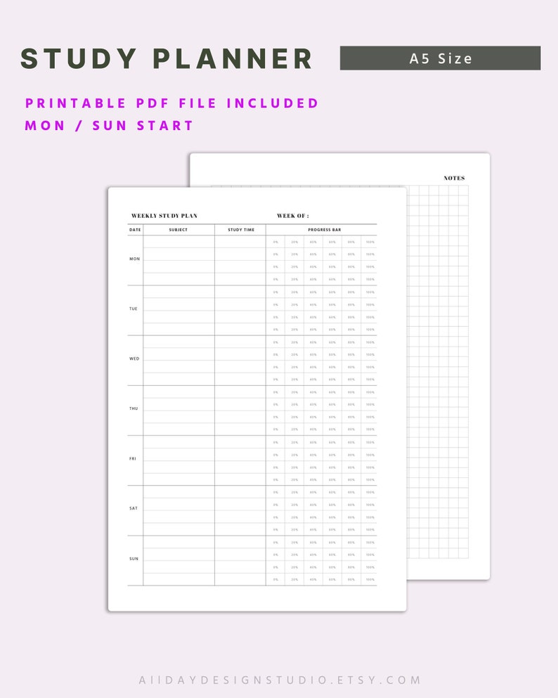 A5 Weekly Study Planner Template, Weekly Student Planner PDF, Study