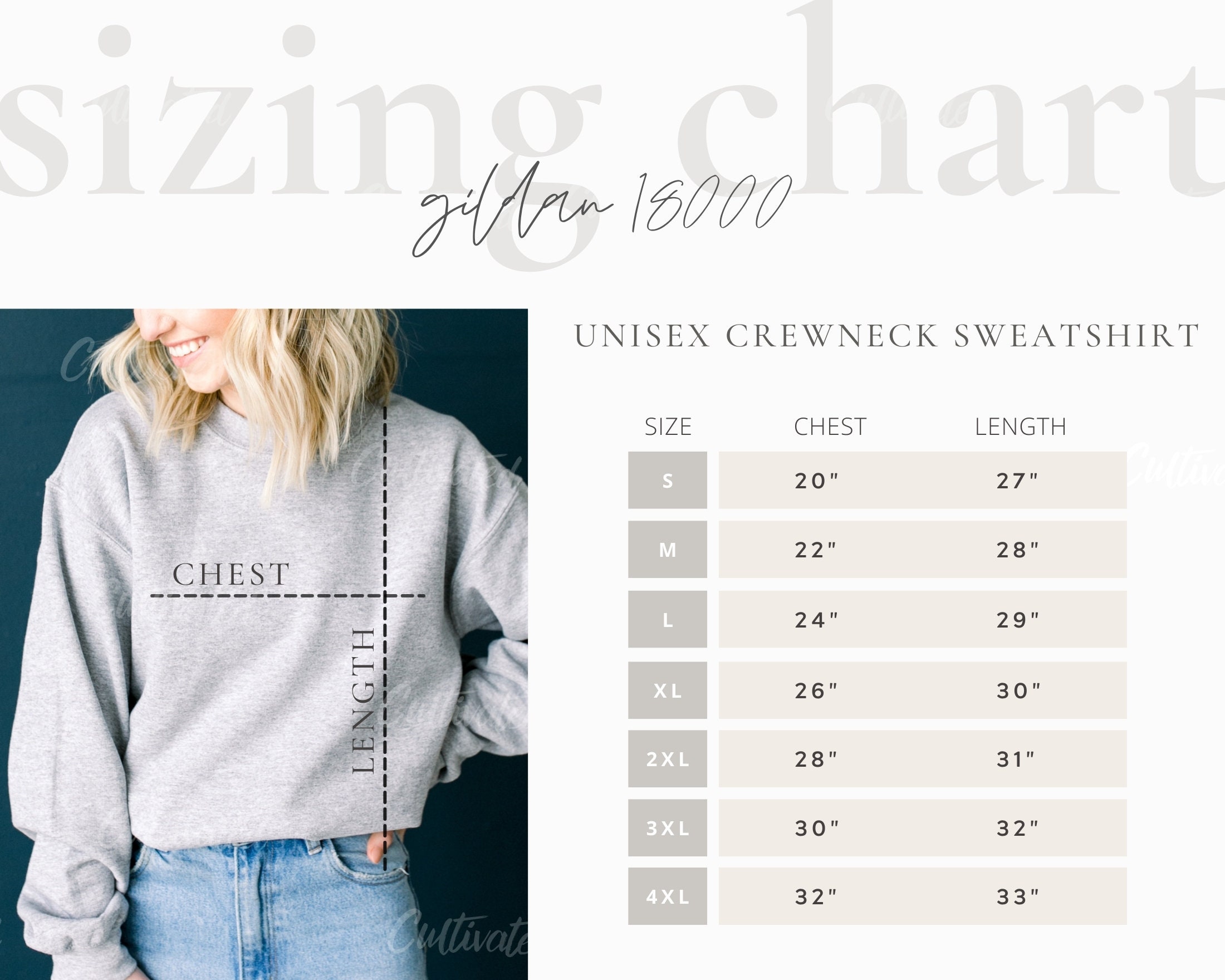 Gildan 18000 Sizing Chart Guide Styled Crewneck Sweatshirt Etsy UK