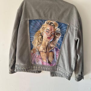 Hand-Painted Denim Jacket Wearable Art One of a Kind Statement Portrait Custom Upcycled Jean Jacket Streetwear Iridescent Embellished