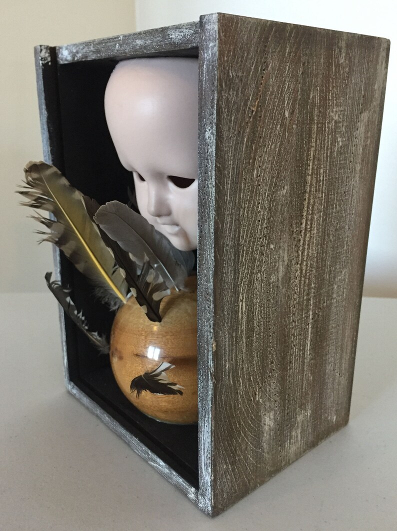May include: A wooden box with a glass front, containing a porcelain doll head, feathers, and a wooden sphere with a black bird design.