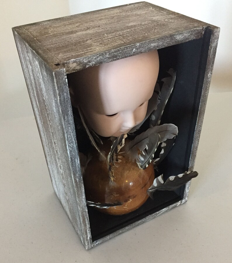 May include: A porcelain doll head with closed eyes is placed inside a wooden box with a black background. The doll head is surrounded by feathers, some of which are white and black.