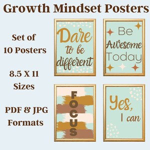 K&ouml;nnte beinhalten: Set mit 10 druckbaren Plakaten zum Thema Growth Mindset in den Formaten PDF und JPG. Die Poster zeigen motivierende Zitate wie "Wage es, anders zu sein", "Sei heute gro&szlig;artig", "Konzentriere dich" und "Ja, ich kann". Jedes Poster ist 21,6 cm x 27,9 cm gro&szlig;.