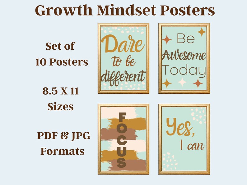 K&ouml;nnte beinhalten: Set mit 10 druckbaren Plakaten zum Thema Growth Mindset in den Formaten PDF und JPG. Die Poster zeigen motivierende Zitate wie "Wage es, anders zu sein", "Sei heute gro&szlig;artig", "Konzentriere dich" und "Ja, ich kann". Jedes Poster ist 21,6 cm x 27,9 cm gro&szlig;.