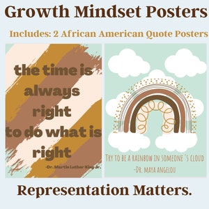 K&ouml;nnte beinhalten: Zwei druckbare Poster mit inspirierenden Zitaten von Martin Luther King Jr. und Maya Angelou. Das erste Poster zeigt einen braunen und orangen gestreiften Hintergrund mit dem Zitat "Die Zeit ist immer reif, das Richtige zu tun." Das zweite Poster zeigt einen Regenbogen mit Wolken und dem Zitat "Versuche, ein Regenbogen in der Wolke von jemandem zu sein." Beide Poster haben ein braunes und oranges Farbschema.