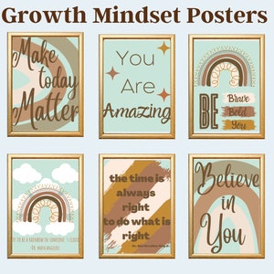 K&ouml;nnte beinhalten: Satz von sechs druckbaren Postern mit motivierenden Zitaten und Regenbogen-Designs. Die Poster haben einen hellblauen Hintergrund mit braunen und goldenen Akzenten. Die Zitate beinhalten "Mach den heutigen Tag zu etwas Besonderem", "Du bist fantastisch", "Sei mutig, sei k&uuml;hn, sei du selbst", "Die Zeit ist immer reif, das Richtige zu tun", und "Glaube an dich".