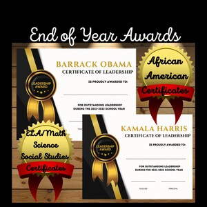 Pode incluir: Dois certificados pretos e dourados com fitas vermelhas e douradas. Os certificados são para "Barrack Obama" e "Kamala Harris" e são para "Certificado de Liderança". Os certificados estão em um fundo de madeira. Existe um terceiro certificado para "Certificados Afro-americanos" com uma fita vermelha e dourada.