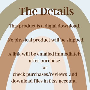 K&ouml;nnte beinhalten: Text auf einem bunten Hintergrund mit einem Bogen-Design. Der Text lautet: "The Details This product is a digital download. No physical product will be shipped. A link will be emailed immediately after purchase or check purchases/reviews and download files in Etsy account."