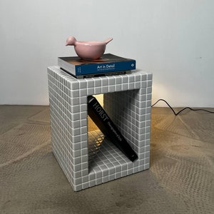 White handmade table. Coffee table. Tiled table. End table. Bedside table.