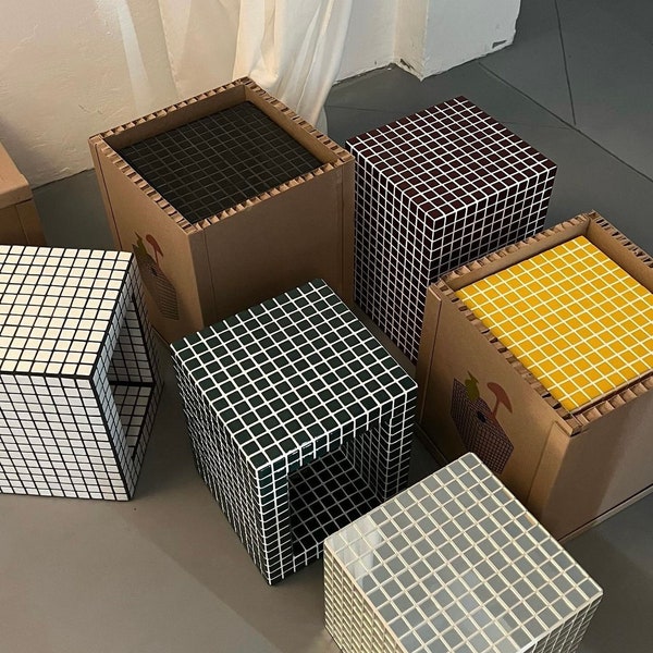 Custom cubes made from recycled tiles. Tile shelf, coffee table