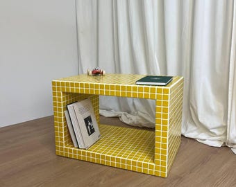 Yellow Coffee Table. Tiled table. End table. Bedside table. Home decor. Bright table. Book shelf.