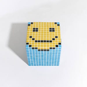 Coffee table. Cube smiley.  One hundred made of tiles. Mosaic. bedside table. Stylish table. Designer table