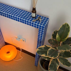 Puede incluir: Escena interior moderna con una pared decorativa de azulejos azules y un interior blanco. Una lámpara naranja en forma de rosquilla está en el suelo. También hay una planta en maceta con hojas verdes y amarillas y una botella marrón con cañas.