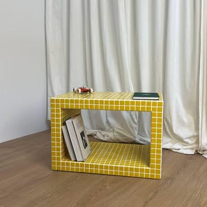 Yellow Console. Tiled coffee table. End table. Christmas decor. Home decor. Bright table. Book shelf.