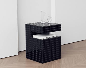 Kaklat svart bord. Sängbord. Sidobord. Soffbord för hemmet. Sidobord. Vardagsrumsbord. Bokhylla. Modernt bord