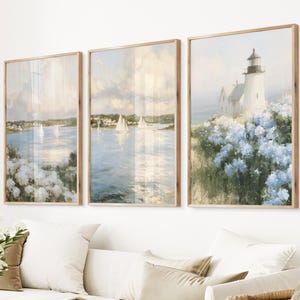 Nantucket Sailboats Print: Blue White Hydrangeas Coastal Wall Art, Vintage Cape Cod Seaside Painting