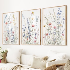 Wildflower Watercolor Art Prints: Set of 3 Botanical Meadow Wall Decor