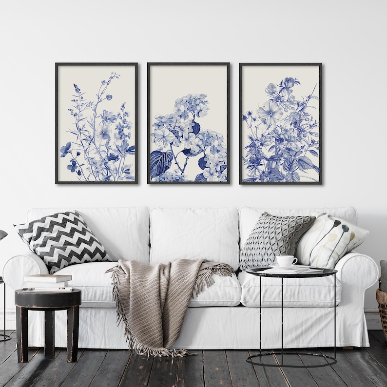 Blue Chinoiserie Floral Art Prints: Botanical Watercolor Set of 3 - Etsy