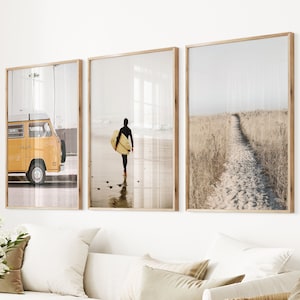 Large Beach Print 3 Piece Beach Set Surf Poster Set of 3 Yellow Van Wall Art Surfer Van Poster Ocean Coastal Summer Pastel Beach Poster Set